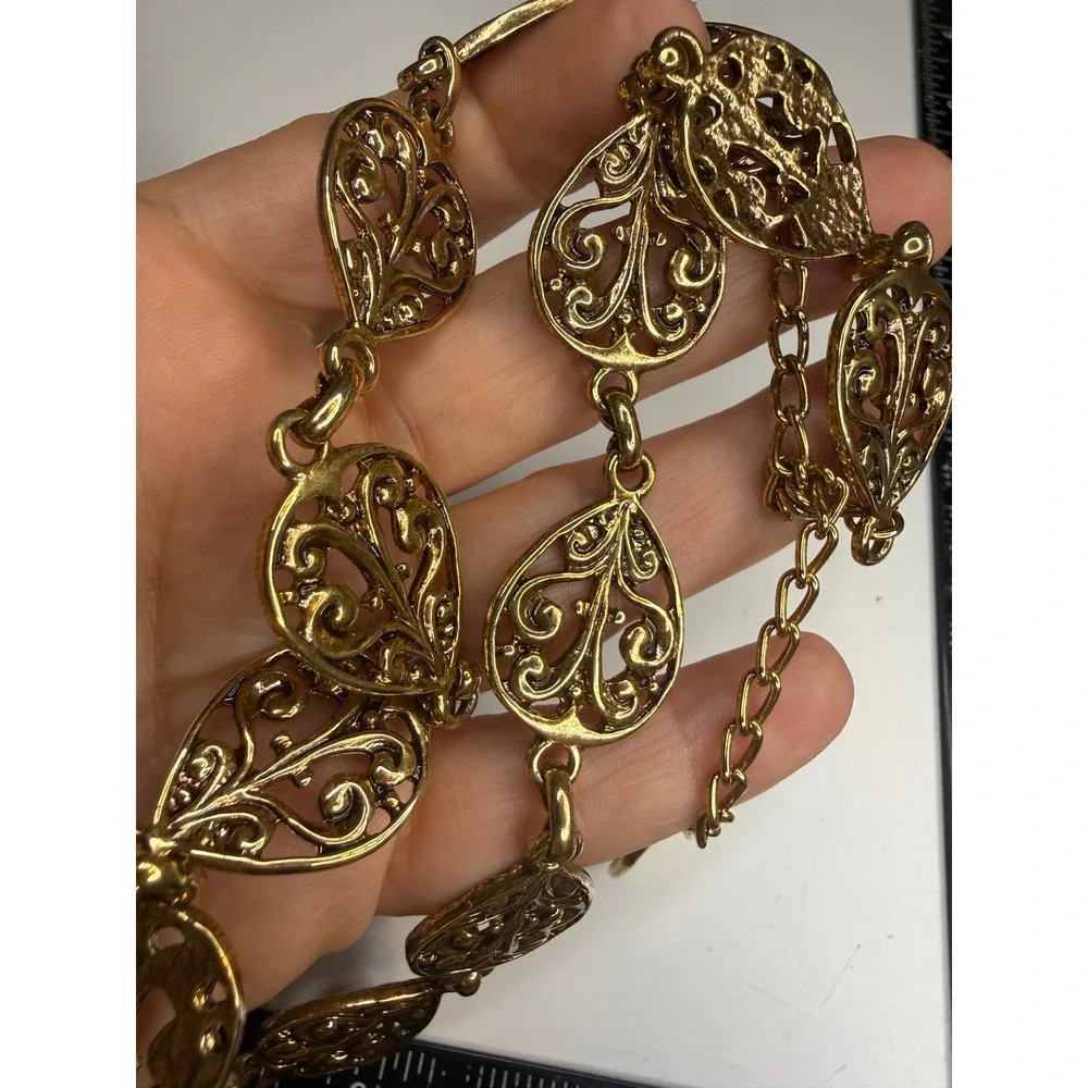 Gold Tone Filigree Teardrop Link Chain Belt Adjustable Boho Ornate Metal 39in